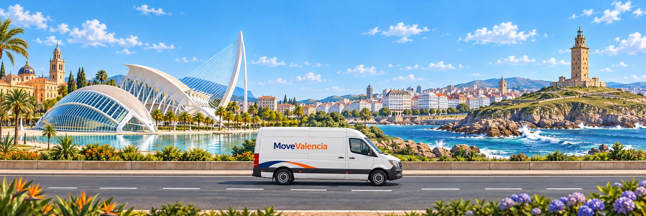 Ilustración: Valencia a la izquierda y A Coruña con la Torre de Hércules a la derecha; furgoneta MoveValencia de perfil en carretera.