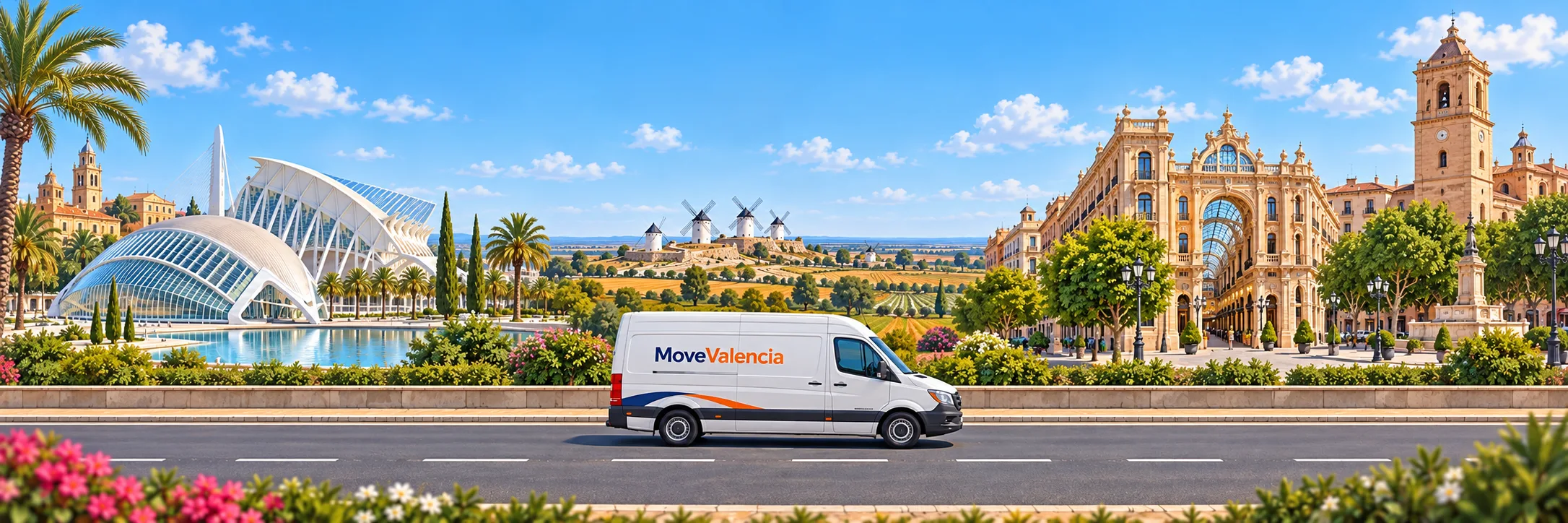 Ilustración: Valencia a la izquierda y una vista urbana de Albacete a la derecha; furgoneta MoveValencia de perfil en una carretera horizontal.