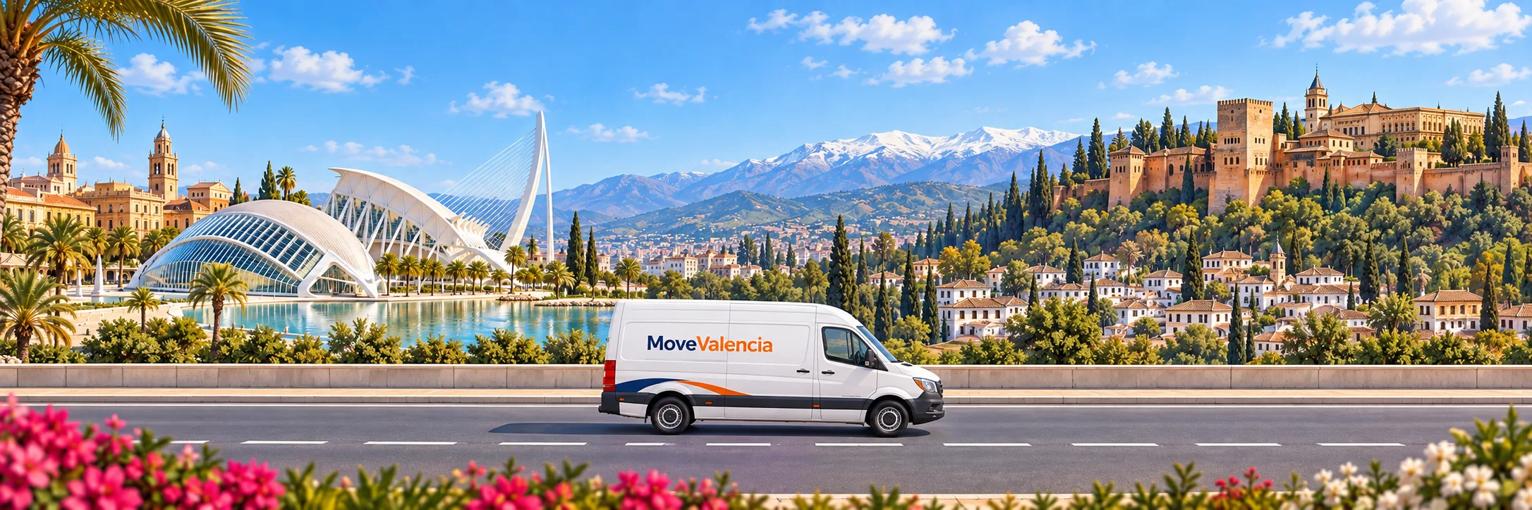 Ilustración: Valencia a la izquierda y Granada con la Alhambra y Sierra Nevada a la derecha; furgoneta MoveValencia de perfil en carretera.