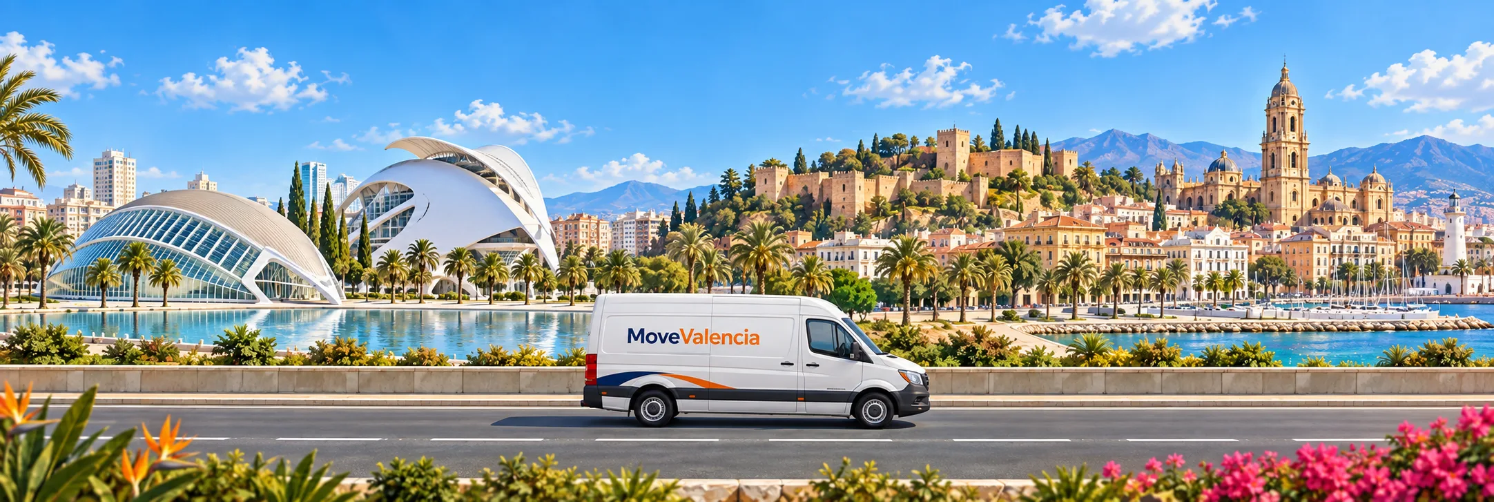 Ilustración: Valencia a la izquierda y Málaga con la Alcazaba y la catedral a la derecha; furgoneta MoveValencia de perfil en carretera.