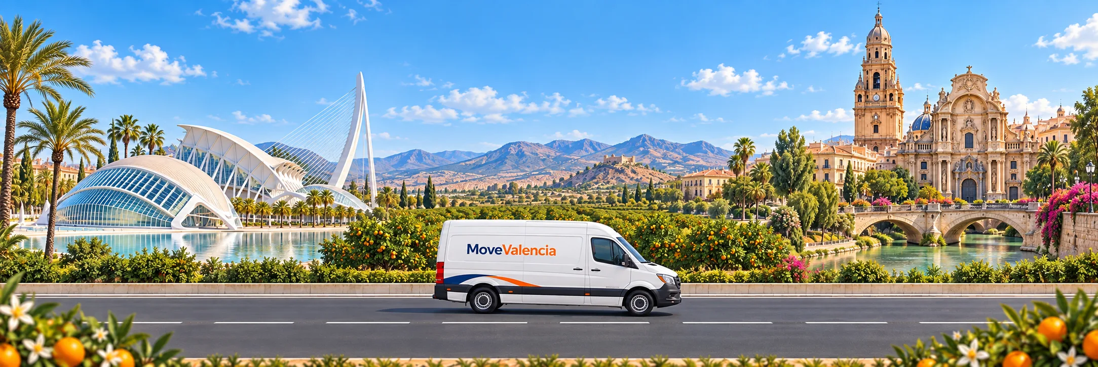 Ilustración: Valencia a la izquierda y Murcia con su catedral y el río Segura a la derecha, conectadas por una carretera con MoveValencia.