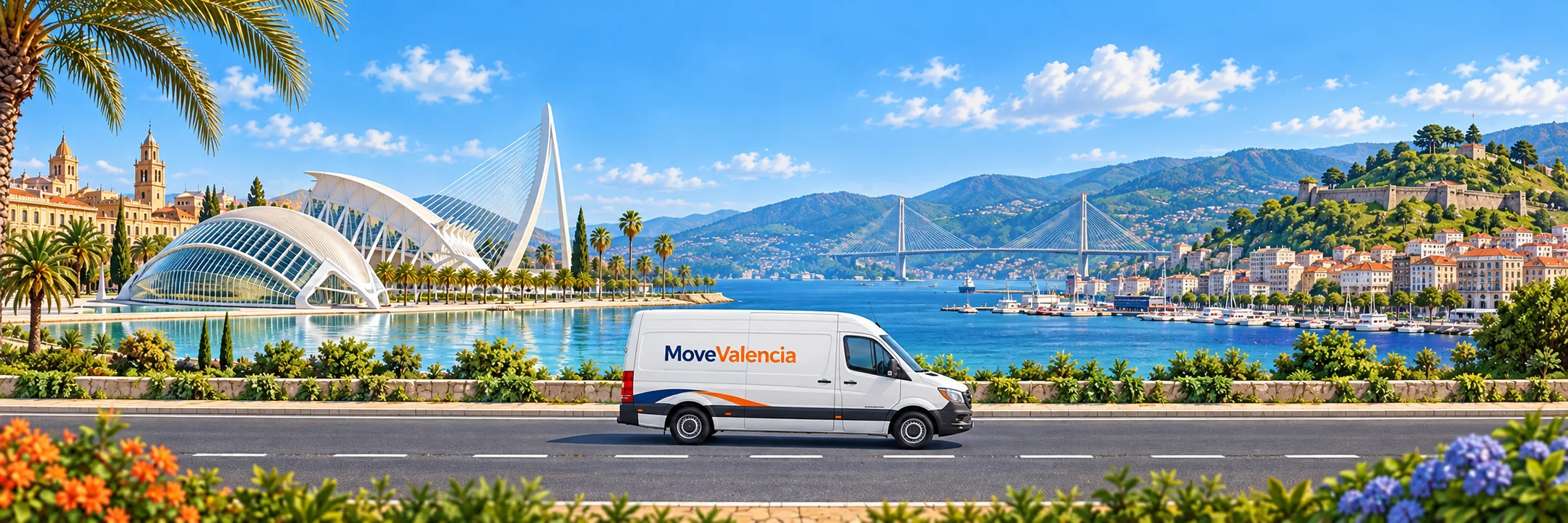Ilustración: Valencia a la izquierda y Vigo con su ría y el monte de O Castro a la derecha; furgoneta MoveValencia de perfil en carretera.