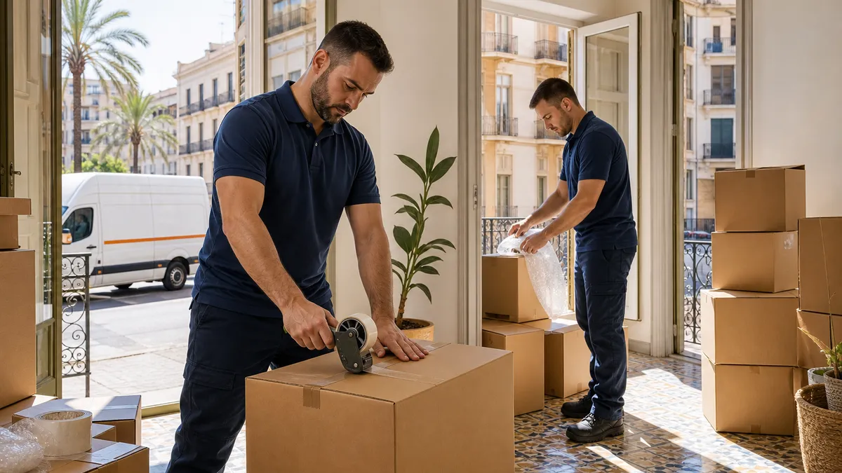 Dos mozos embalando y precintando cajas de cartón de mudanza en un piso luminoso de Valencia