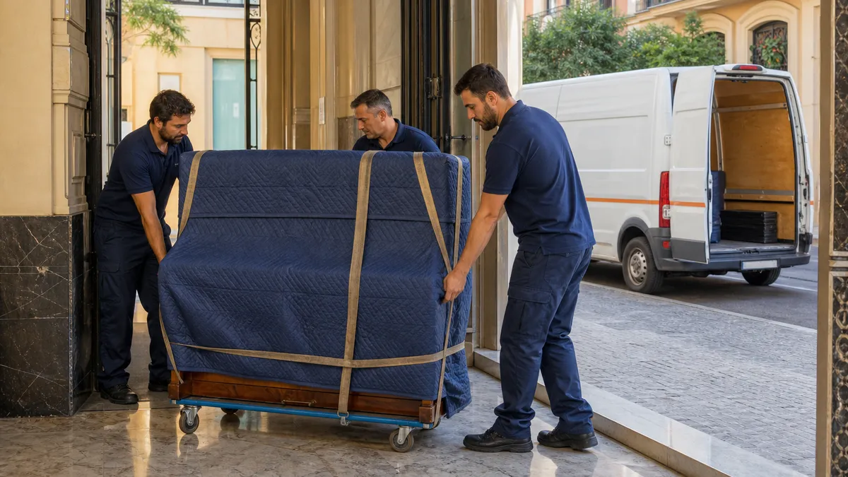 Mozos con uniforme azul marino bajando un piano vertical protegido con mantas hacia una furgoneta blanca con franja naranja en una calle de Valencia