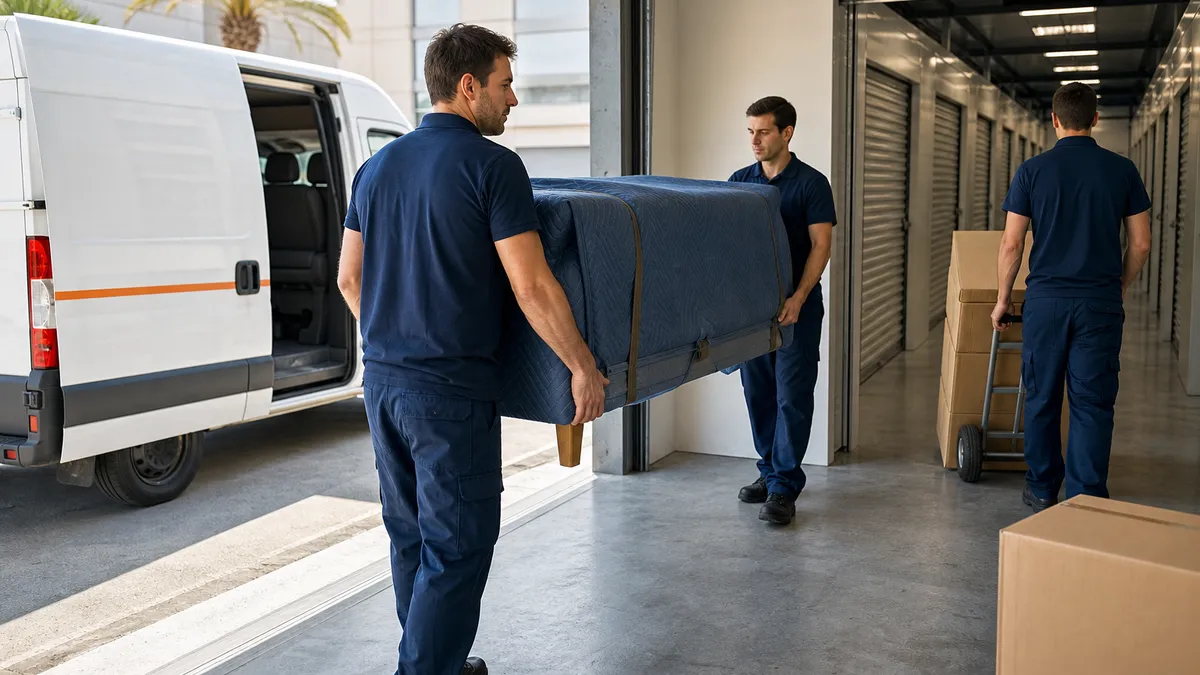 Mozos con uniforme azul marino descargando cajas y muebles envueltos de una furgoneta blanca con franja naranja frente a un centro de trasteros en Valencia
