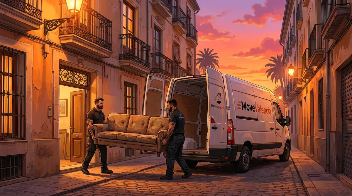 Mozos sacando un sofá viejo del portal hacia la furgoneta: recogida de muebles en Valencia